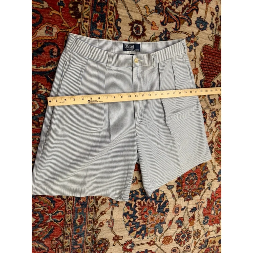 Polo Ralph Lauren Men’s Seersucker Pleated Shorts Size 34 Blue White Stripe Cott
